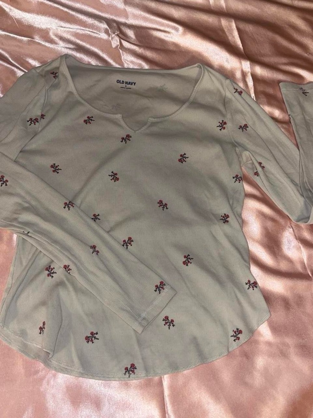 Old Navy Sage Green Long-Sleeve Top with Small Red Floral Print